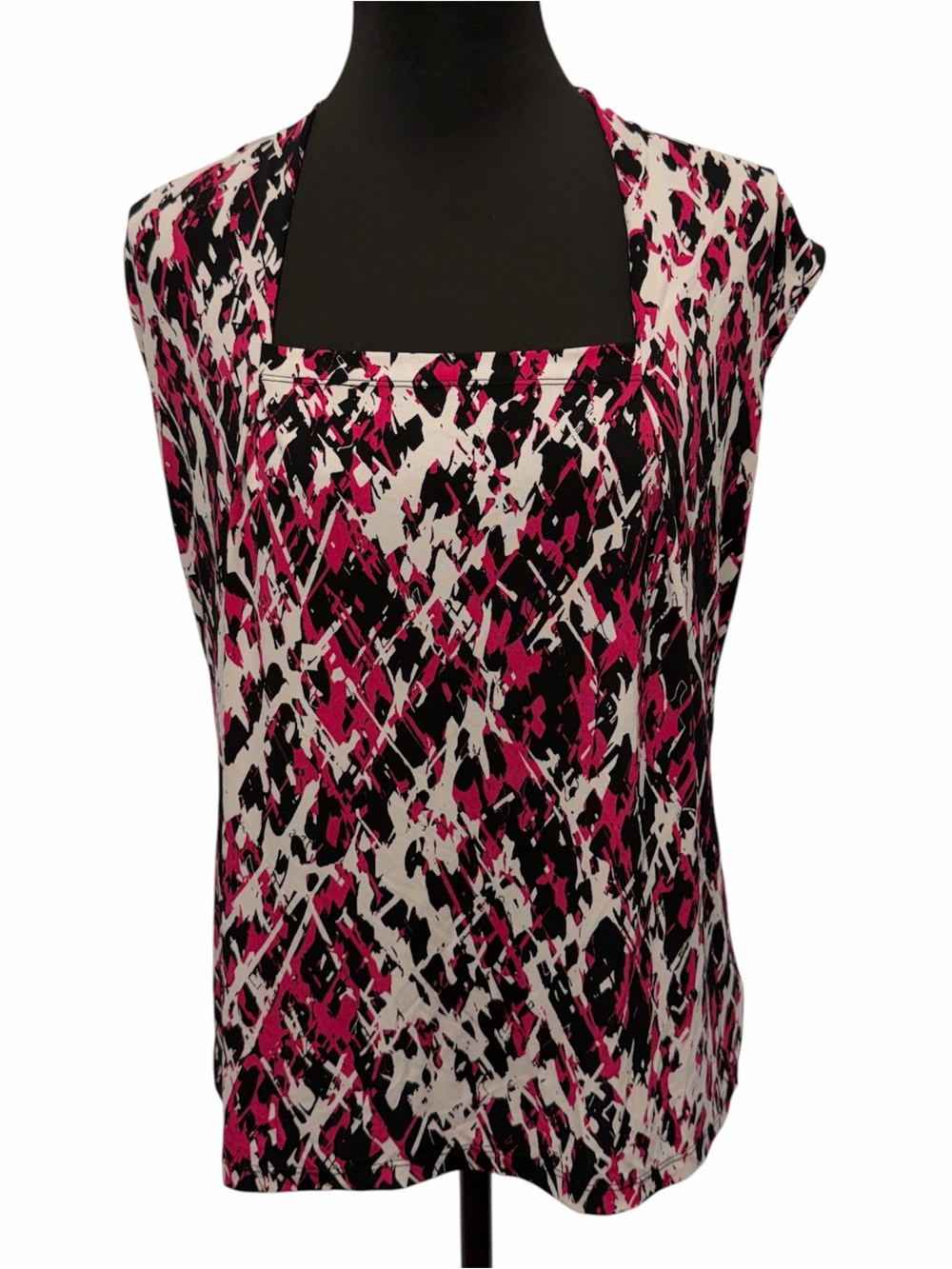 Fashion Bug XL Pink Black White Abstract Print Square Neck Sleeveless Top